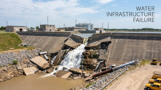 Dam failure causing water supply disruption, critical infrastructure damage, emergency response, utility crisis, resource shortage.