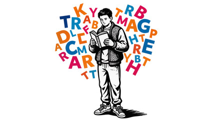 Isolated young man intently reading a book surrounded by colorful flying alphabet letters, education concept.