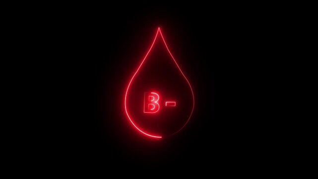  B negative blood drop icon animation. 4k motion video. Neon glowing B negative blood type drop on black background .