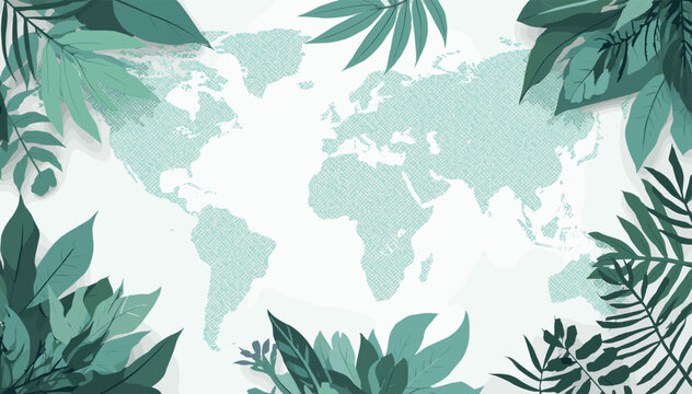 Global map surrounded by lush green tropical leaves and botanical elements, representing environmental themes and nature's connection to the world.