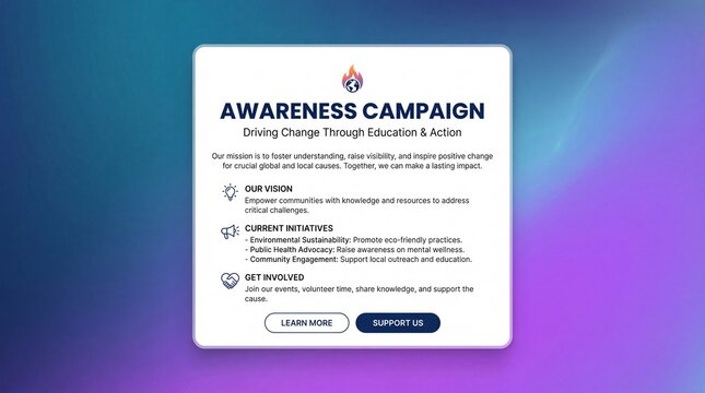 Awareness campaign digital infographic card featuring mission statement and community engagement call to action buttons with gradient background detailing information card centered