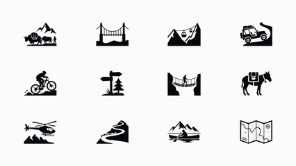 Obraz premium Black and white travel adventure icons set with scenic landscapes against clean white background hiking wildlife transportation collection with collection