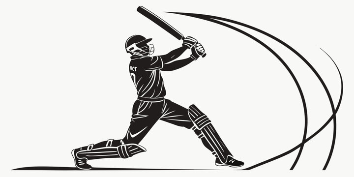 Black silhouette cricket batsman playing aggressive shot, dramatic action pose cricket ball