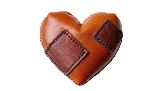 Isolated brown leather heart with meticulously stitched patches, a symbol of enduring love and care