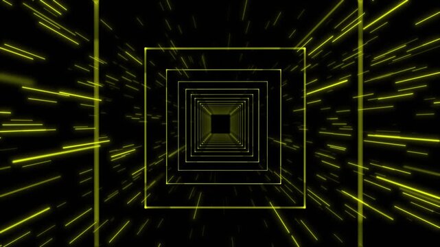 Glowing square portal visual yellow neon frames, rushing light lines, and black futuristic tunnel space. tech transitions, gaming scenes, digital intros, and motion background overlays.