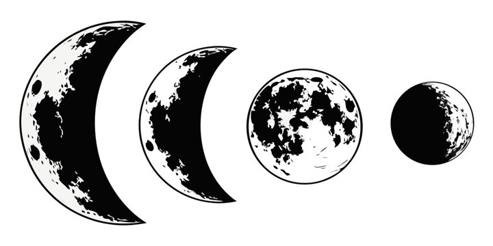 Black silhouette moon phases isolated on white background, crescent, half, full, and new moon