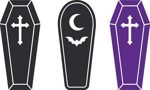 Halloween gothic coffins set with cross, crescent moon, and bat symbols vector illustration