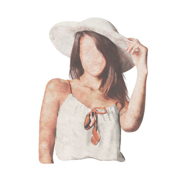 Watercolor Travel Girl Clipart PNG with Stylish Hat and Feminine Aesthetic