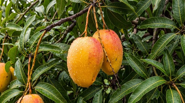 Two ripe mangoes hanging from a tree branch, covered in small water droplets, surrounded by lush green lanceolate leaves in an orchard setting