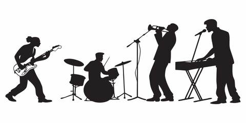 Black silhouette set of musicians playing various instruments on white band playing instruments © zon