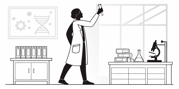 Black silhouette scientist in laboratory conducting research with microscope
