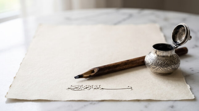 Traditional Reed Pen and Parchment with Copy Space. Islamic Scholarship and Mawlid Concept