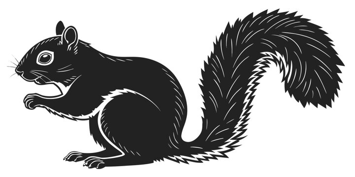 Black squirrel silhouette, dynamic jumping pose, isolated on white background