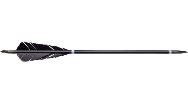 Isolated black feathered arrow with fletching and point for hunting and target shooting.