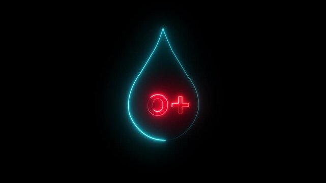 glowing neon O positive Blood icon drop animation on black background, O Positive blood type symbol glowing neon in drop shape on black background.