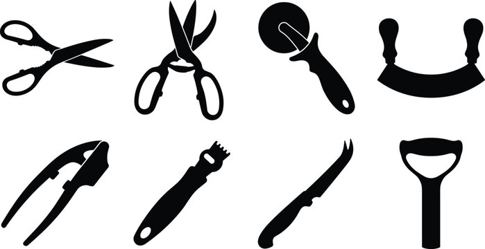 Kitchen Cutting Utensils Silhouette Set Featuring Scissors, Poultry Shears, Pizza Cutter, Mezzaluna, Garlic Press, Zester, Cheese Knife, and Peeler