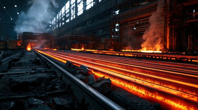 Steel manufacturing plant with glowing hot billets on conveyor, industrial machinery, smoke, and steam, ideal for industrial process and manufacturing concept visuals.