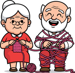 Fototapeta premium Elderly couple knitting and smiling with yarn around the man 