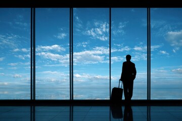 Fototapeta premium Traveler silhouette standing by large airport window looking at blue sky with traveler silhouette suitcase daylight terminal businessman vacation reflection architecture commuter