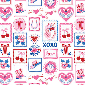 Valentine Coquette Seamless Pattern with Romantic Vintage Icons Vector
