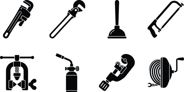 Plumbing Tools Icon Set Featuring Pipe Wrench, Plunger, Hacksaw, Flaring Tool, Blowtorch, Pipe Cutter, and Drain Snake