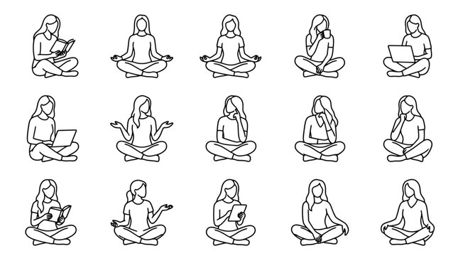 Woman Meditating, Reading, Working on Laptop, Drinking Coffee: Line Art Collection