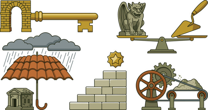 Historic Masonry and Stone Restoration Concept Icon Set Featuring Arch Key Balance Scale with Gargoyle Tile Umbrella Protection Knowledge Stairs and Sand Conveyor Belt Vector Illustration