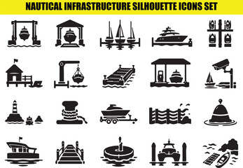 Nautical infrastructure silhouette icons set featuring boats docks maritime equipment and harbors. © Shohel