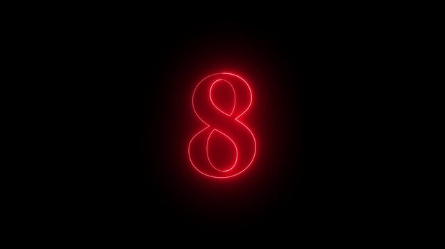 Glowing red neon number 8 on black background, luminous numeric sign 4k video