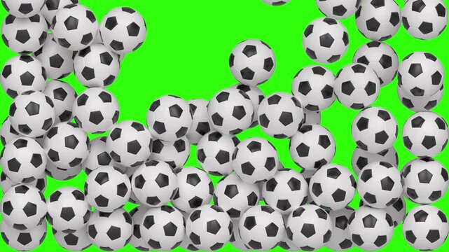 Soccer balls dropping and piling up on green screen background. Multiple classic soccer balls fall from the top of the screen and cover a bright green chroma key. Useful for sports promos, openers.