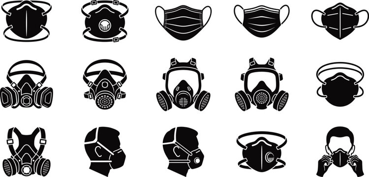 Respirator and Dust Mask Silhouette Icons, PPE Respiratory Protection Vector
