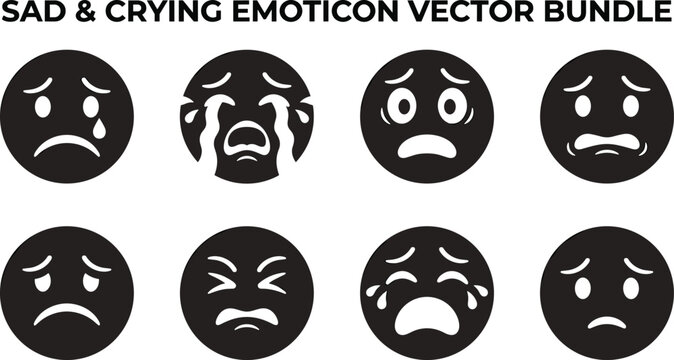 Sad and crying emoticon vector bundle featuring unhappy facial expressions tearful faces upset emoji black silhouettes illustration
