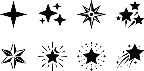 Sparkle and star shape black silhouettes set featuring shooting star north star compass burst fireworks vector illustration © Mehedi