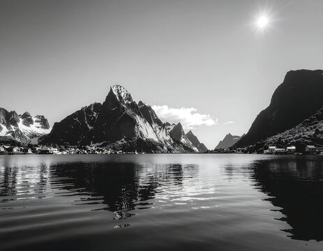 Black and white mountain reflection in lake.