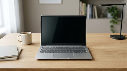 Fototapeta premium Laptop computer with blank screen on wooden desk in a modern home office