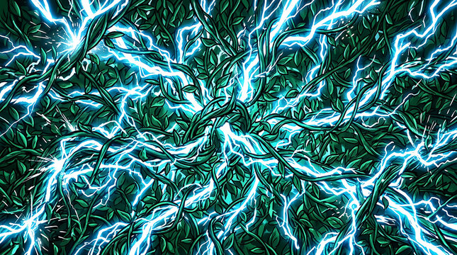 Electric blue energy sparks through green vine network with electric lightning abstract technology crackling background intertwined
