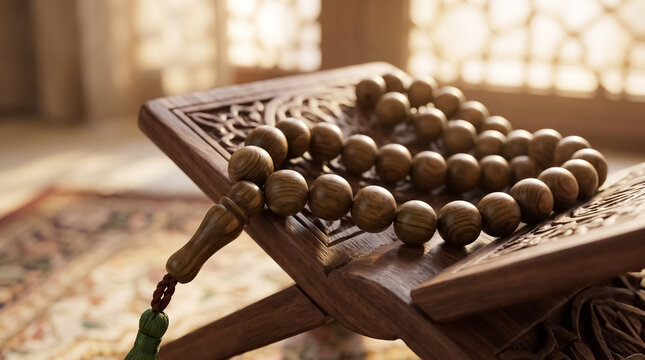 Detailed macro photography of polished tasbih beads resting on an ornate rehal stand, captured in soft natural light with beautiful shadows for a peaceful religious still life concept