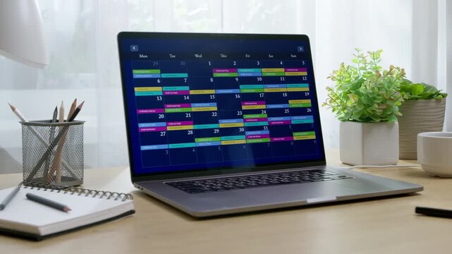 Laptop displaying an online schedule and calendar app on a modern office desk. Time management, task planning, and digital workflow concept.