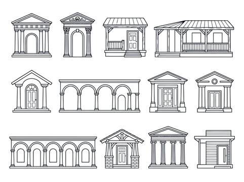 Set of architectural elements, classical building facades, porches, porticos, and colonnades with columns and pediments, vector illustration