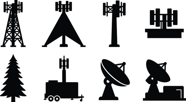 Telecommunication towers and satellite dishes black silhouettes set featuring cell tower mobile mast antenna array vector illustration