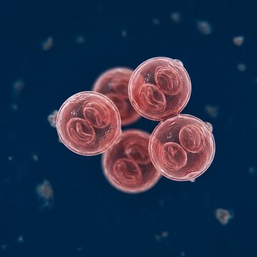 Cyclospora cayetanensis parasite cells under microscope showing detailed structure of foodborne infectious organism