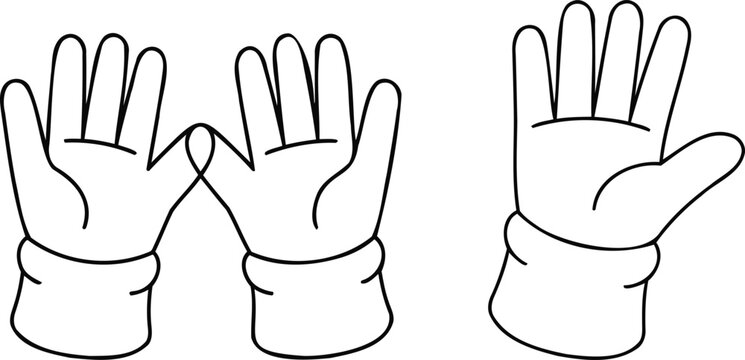 Simple cartoon line art illustration of three human hands showing open palms in various playful gestures