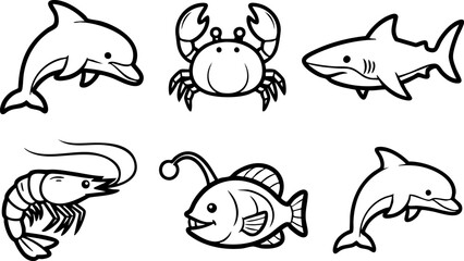 Black and white marine life collection dolphins sharks crabs and deep sea creatures © Jawad