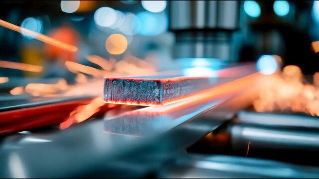 Glowing steel bar processed by heavy industrial machinery with flying sparks, illustrating metal production, forging, and modern manufacturing