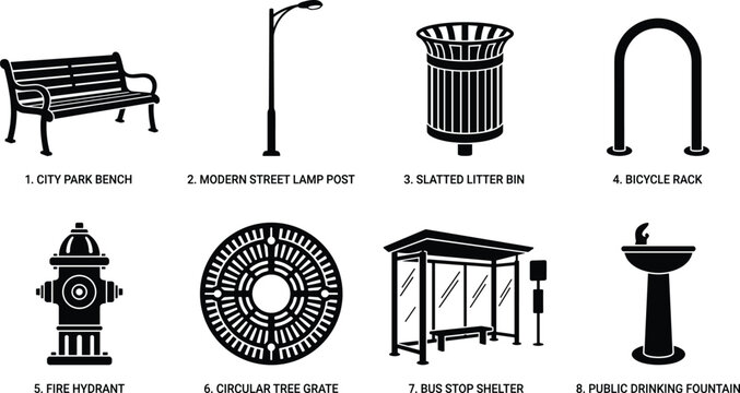 Urban street furniture and public amenities black silhouettes set featuring bench lamp post litter bin fire hydrant vector illustration