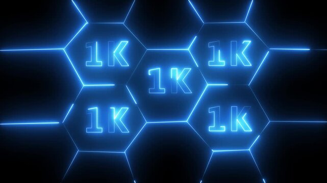 Glowing neon line 1K icon animation in Ultra HD, isolated on a black background,  Celebration text animation. 100k follower,1 K subscribers .