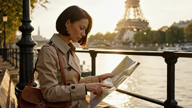 Woman tourist reads paper map near Eiffel Tower in Paris. Female traveler in trench coat plans route by river embankment at sunset. Stylish lady with leather bag explores city and famous landmark.