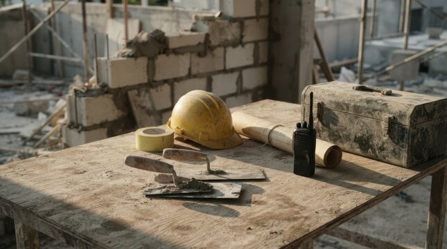 Unused trowels, hard hat, rolled plans, radio, caution tape, and dust-covered toolbox beside half-built wall at a stalled construction site.