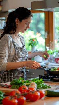 Woman preparing fresh vegetables in kitchen.