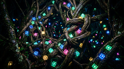 Fototapeta premium Abstract background of dark tree branches with glowing multicolored lights branches enchanted colorful mystical abstract illuminated atmosphere background ethereal ornament